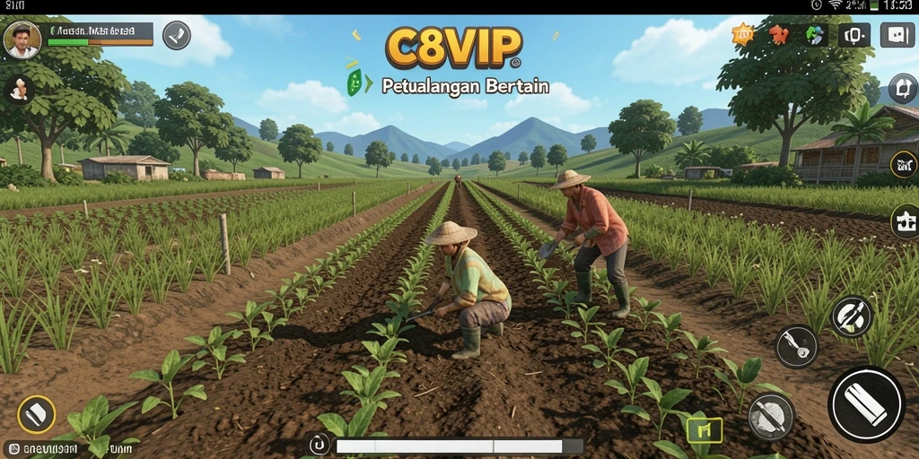 Tampilan menyenangkan dari gameplay pertanian C8VIP dengan berbagai aktivitas.