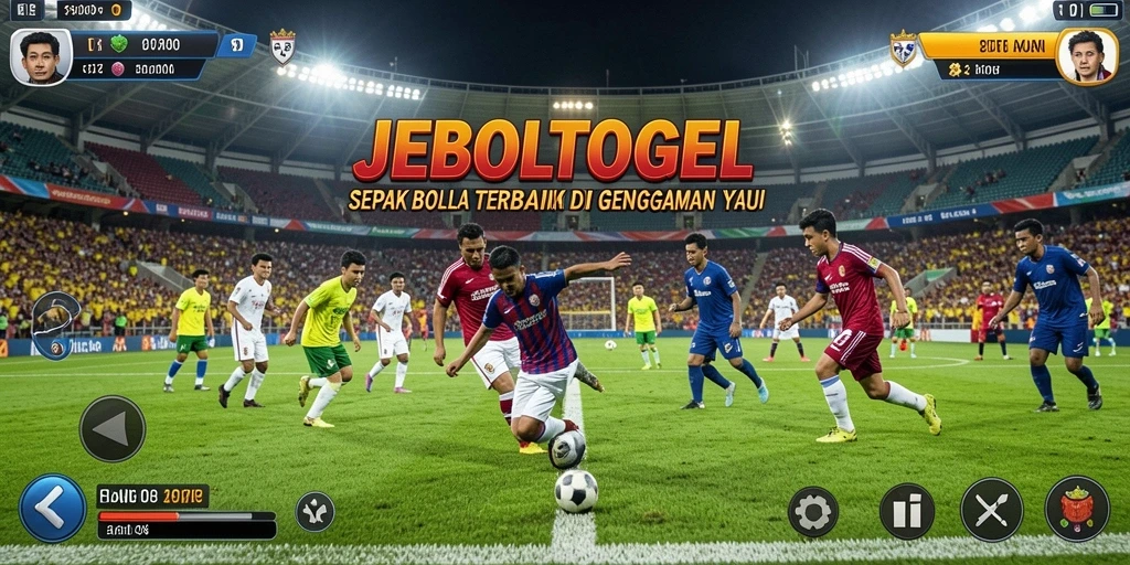 Screenshot gameplay JEBOLTOGEL menunjukkan aksi sepak bola yang mendebarkan.