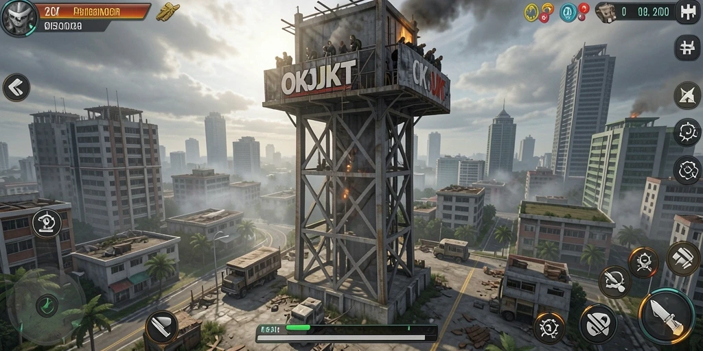 Screenshot gameplay menegangkan dari OKJKT dalam pertahanan menara.
