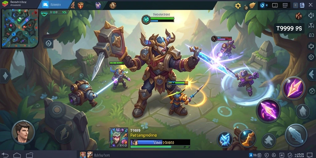 Screenshot T9999 menampilkan aksi seru dalam pertempuran MOBA.